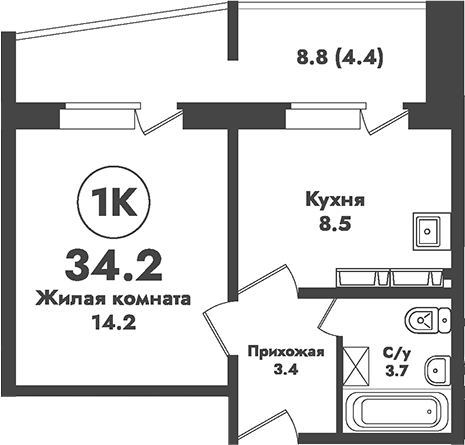 Планировка 1-к.кв 29.80 м² в ЖК «Атом»