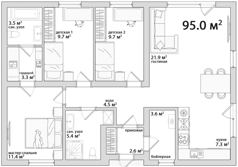 Планировка коттеджи 95.00 м² в ЖК «Коттеджный поселок Рябиновый»