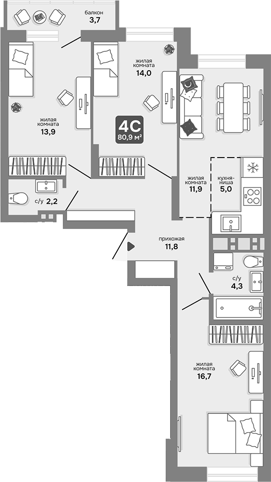 Планировка 4е-к.кв 79.79 м² в ЖК «Счастливый квартал»