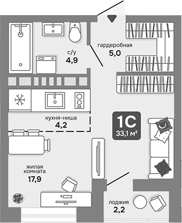 Планировка студии 32.00 м² в ЖК «Счастливый квартал»