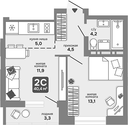 Планировка 2е-к.кв 38.75 м² в ЖК «Счастливый квартал»