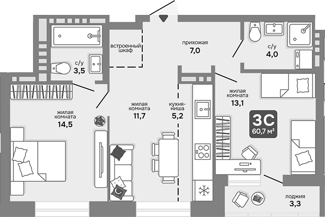 Планировка 3е-к.кв 59.05 м² в ЖК «Счастливый квартал»