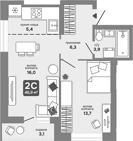 Планировка 2е-к.кв 45.35 м² в ЖК «Счастливый квартал»