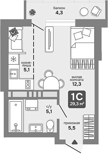 Планировка студии 28.01 м² в ЖК «Счастливый квартал»