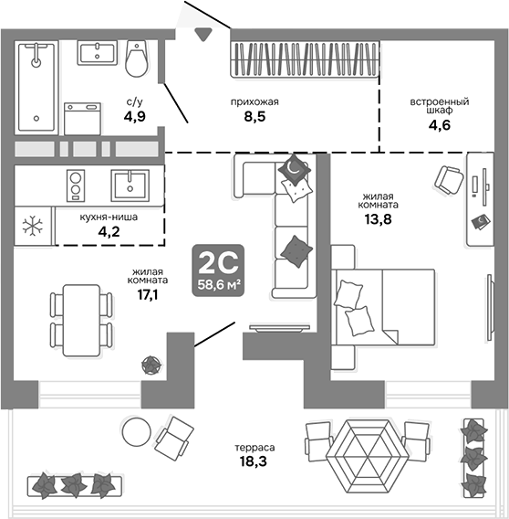 Планировка 2е-к.кв 53.11 м² в ЖК «Счастливый квартал»