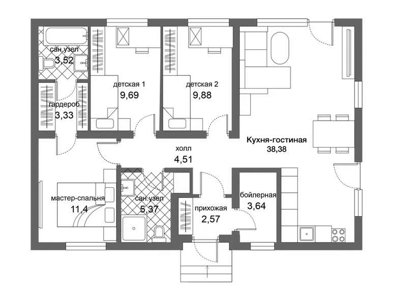 Планировка коттедж 105.00 м² в ЖК «Коттеджный поселок Рябиновый»
