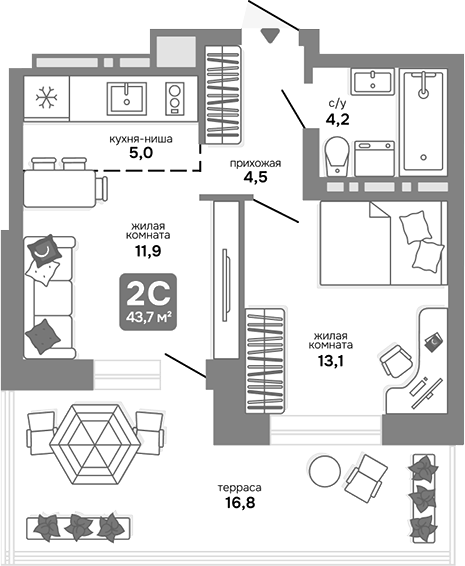 Планировка 2е-к.кв 38.66 м² в ЖК «Счастливый квартал»