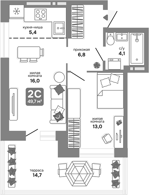 Планировка 2е-к.кв 45.29 м² в ЖК «Счастливый квартал»