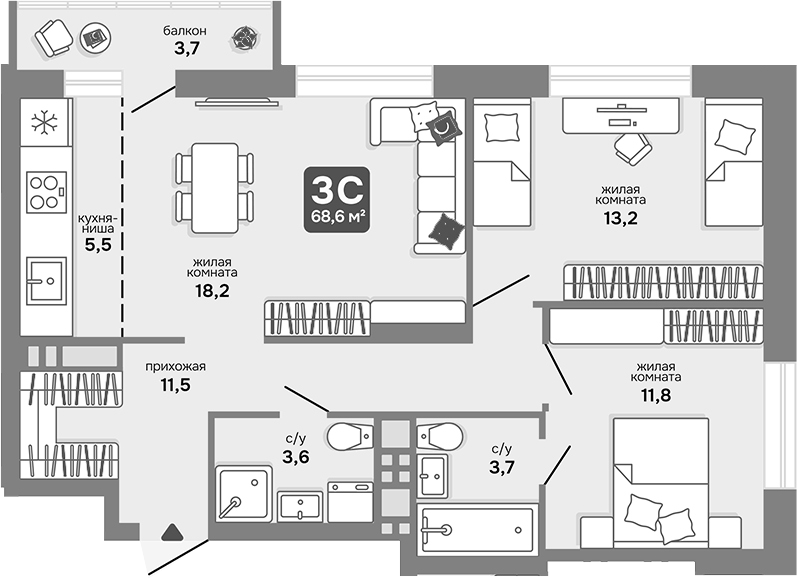 Планировка 3е-к.кв 67.49 м² в ЖК «Счастливый квартал»