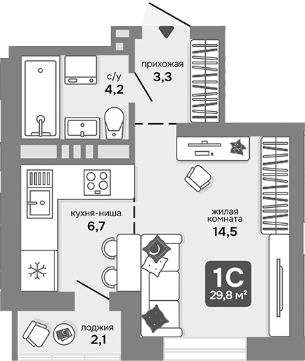 Планировка студии 28.75 м² в ЖК «Счастливый квартал»
