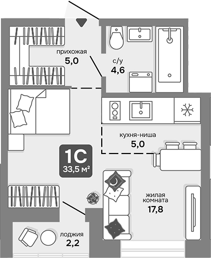 Планировка студии 32.40 м² в ЖК «Счастливый квартал»