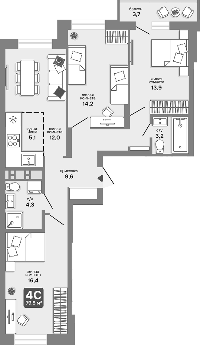 Планировка 4е-к.кв 78.69 м² в ЖК «Счастливый квартал»