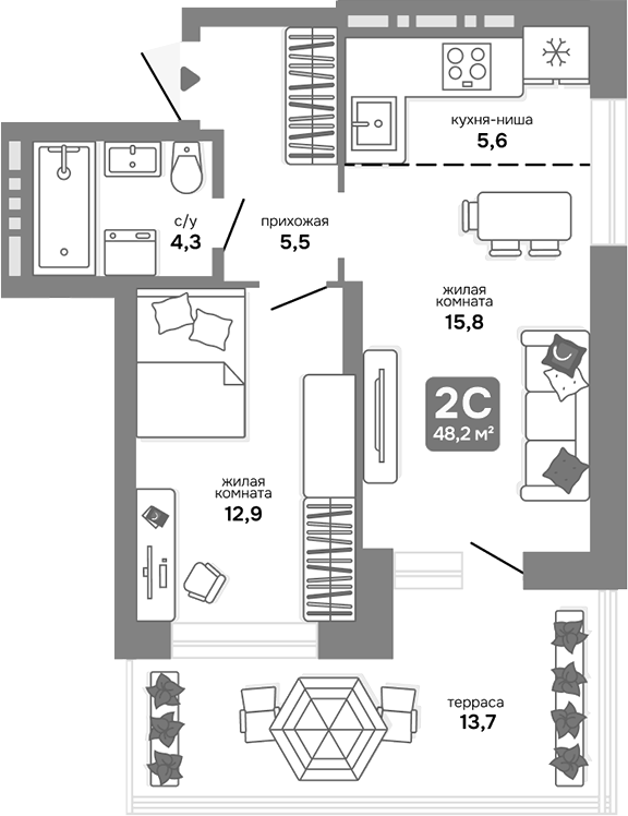 Планировка 2е-к.кв 44.09 м² в ЖК «Счастливый квартал»