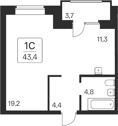 Планировка студии 39.70 м² в ЖК «Расцветай на Красном»
