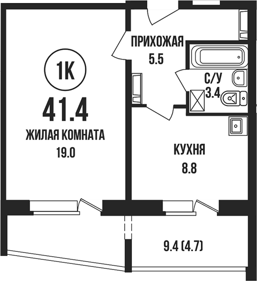 Планировка 1-к.кв 36.70 м² в ЖК «Династия»