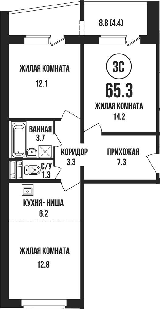 Планировка 3е-к.кв 60.90 м² в ЖК «Династия»