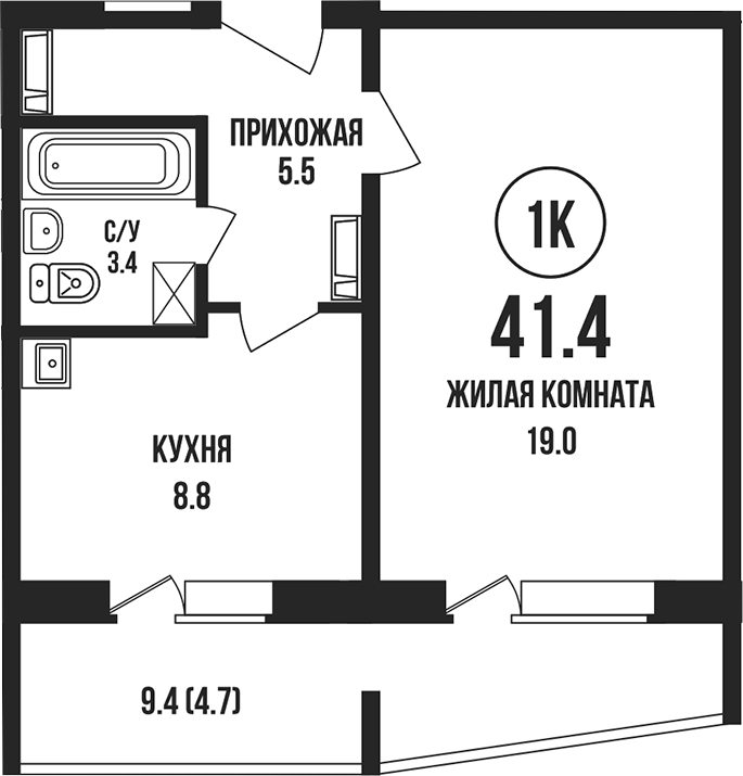 Планировка 1-к.кв 36.70 м² в ЖК «Династия»