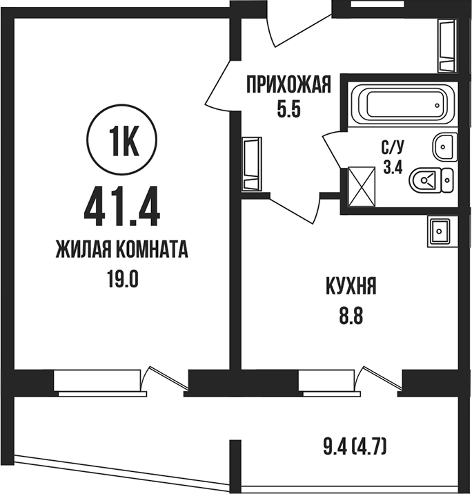 Планировка 1-к.кв 36.70 м² в ЖК «Династия»