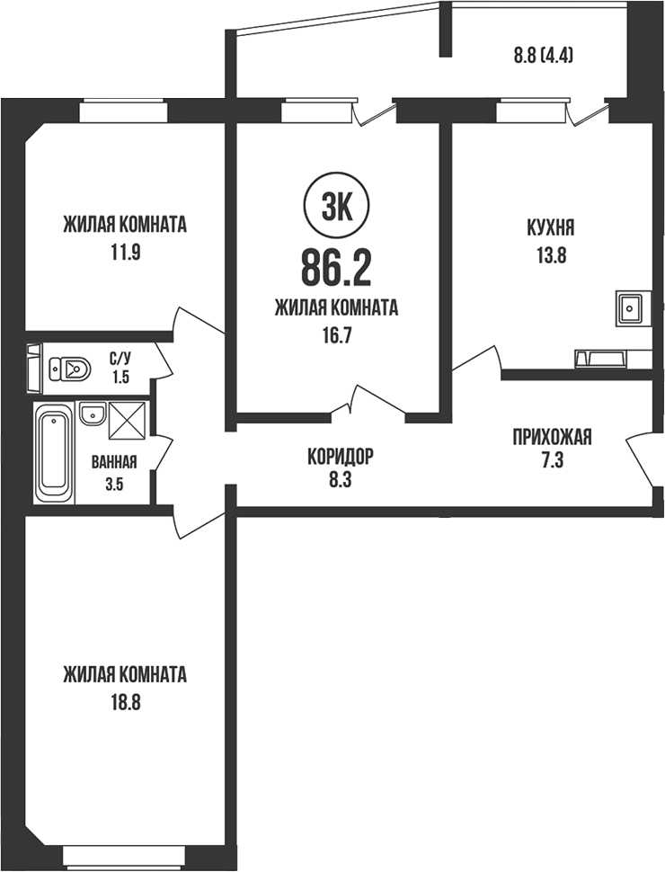Планировка 3-к.кв 81.80 м² в ЖК «Династия»
