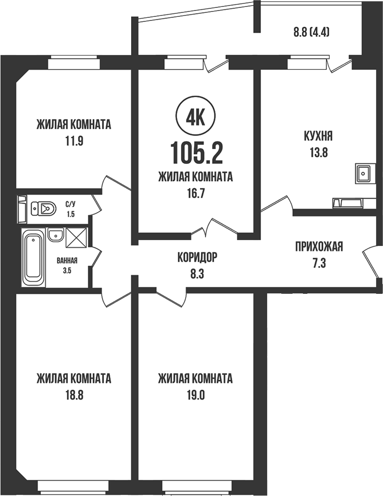 Планировка 4-к.кв 100.80 м² в ЖК «Династия»
