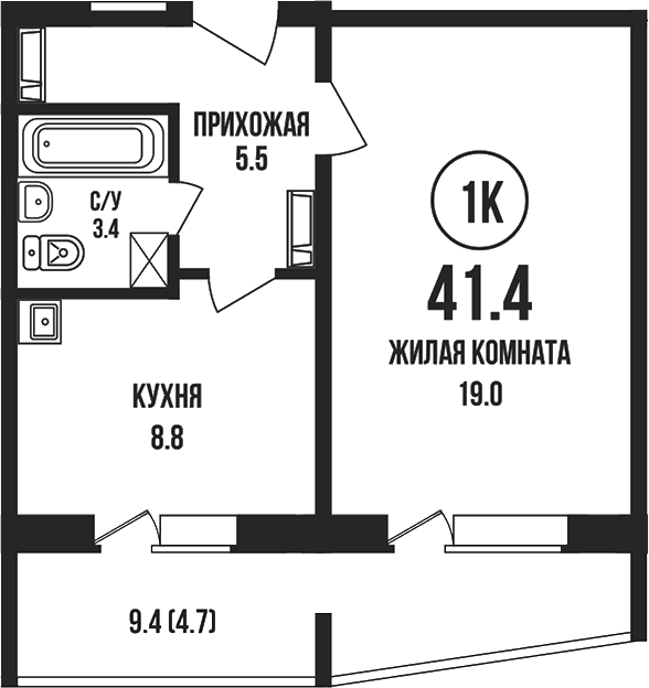 Планировка 1-к.кв 36.70 м² в ЖК «Династия»