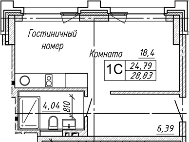 Планировка студии 28.83 м² в ЖК «Апарт-отель Гагарин Сити»