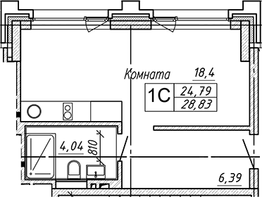 Планировка студии 28.83 м² в ЖК «Апарт-отель Гагарин Сити»