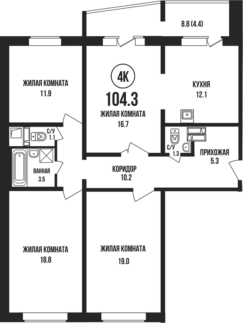 Планировка 4-к.кв 99.90 м² в ЖК «Династия»