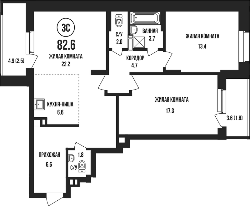 Планировка 3е-к.кв 78.30 м² в ЖК «Династия»
