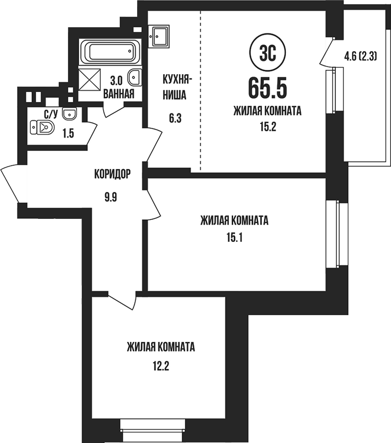 Планировка 3е-к.кв 63.20 м² в ЖК «Династия»