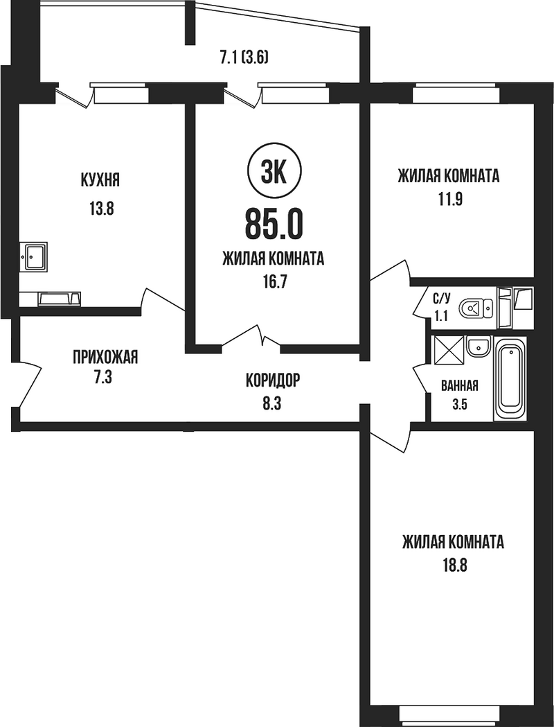 Планировка 3-к.кв 81.40 м² в ЖК «Династия»