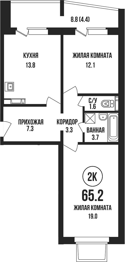 Планировка 2-к.кв 60.80 м² в ЖК «Династия»