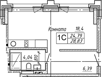 Планировка студии 28.83 м² в ЖК «Апарт-отель Гагарин Сити»