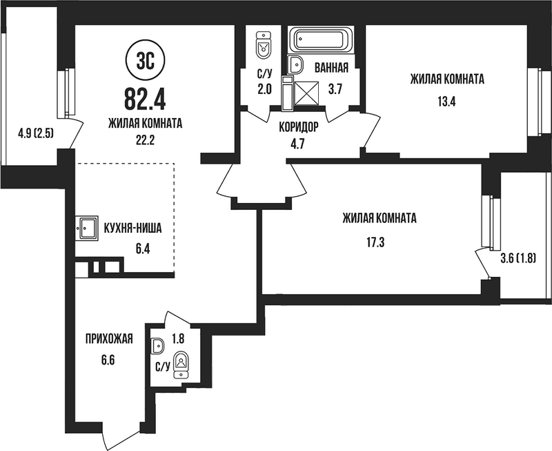 Планировка 3е-к. квартира 78.10 м² в ЖК «Династия»
