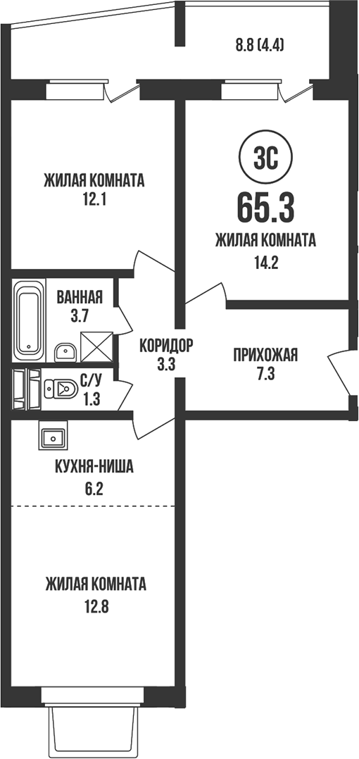 Планировка 3е-к. квартира 60.90 м² в ЖК «Династия»