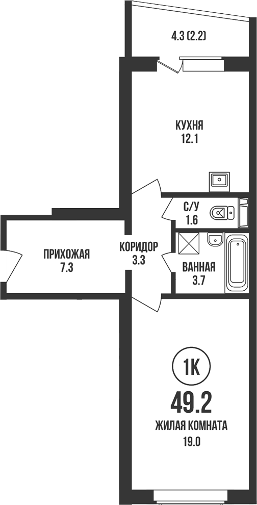 Планировка 1-к.кв 47.00 м² в ЖК «Династия»