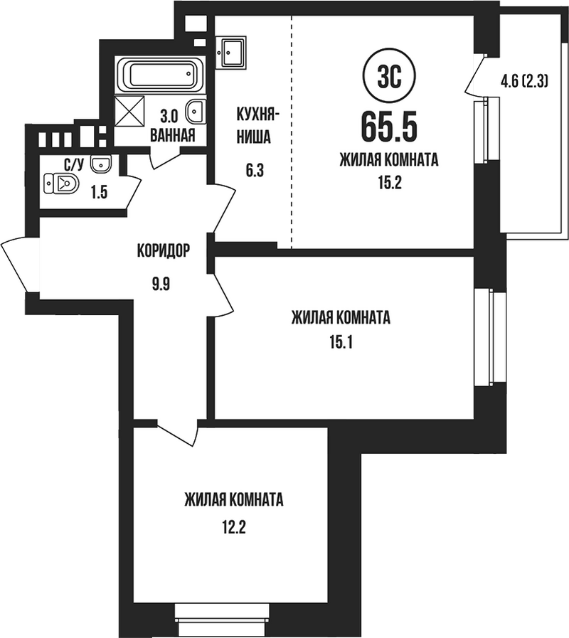 Планировка 3е-к. квартира 63.20 м² в ЖК «Династия»