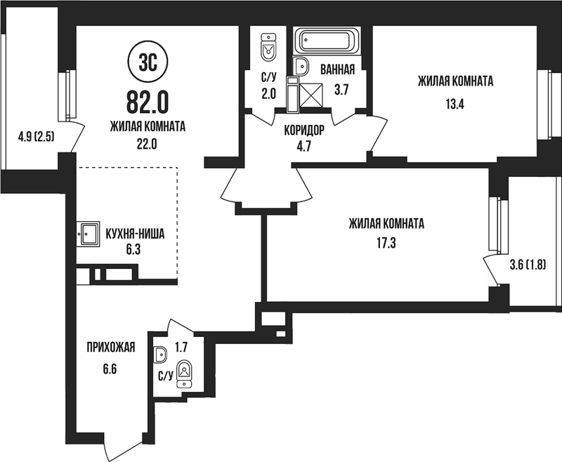 Планировка 3е-к.кв 77.70 м² в ЖК «Династия»