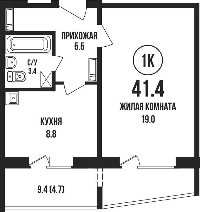 Планировка 1-к.кв 36.70 м² в ЖК «Династия»