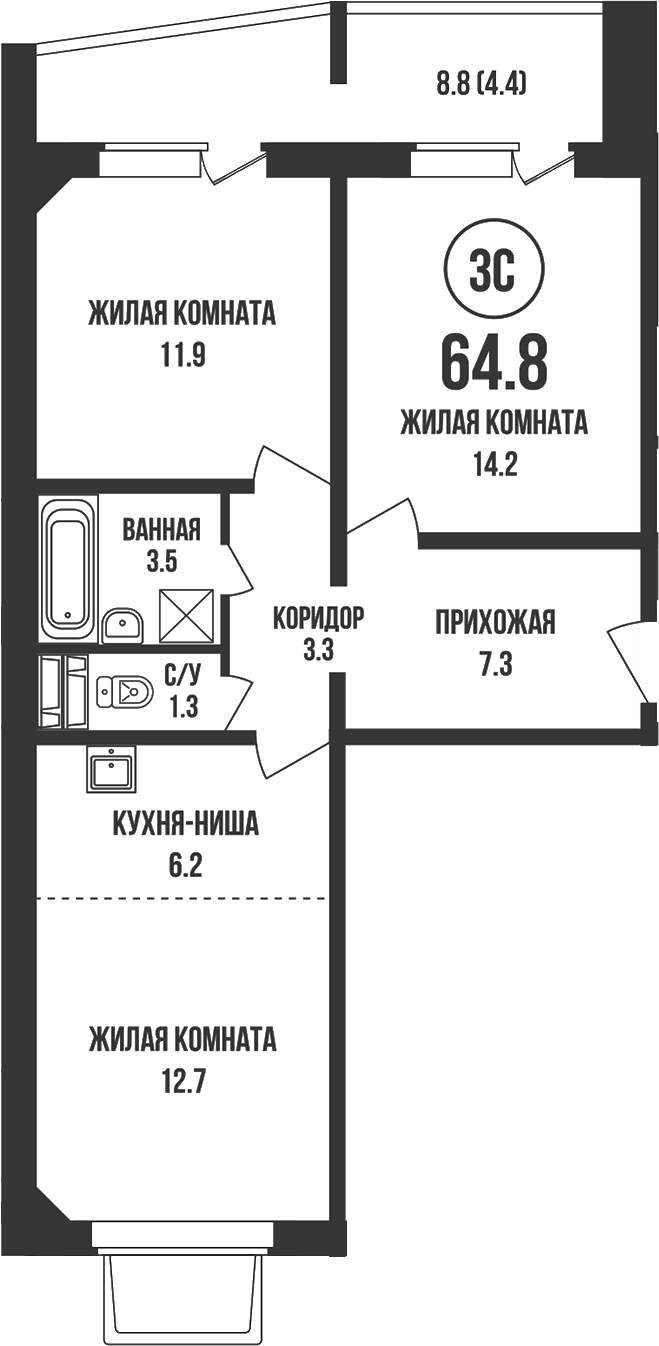 Планировка 3е-к.кв 60.40 м² в ЖК «Династия»