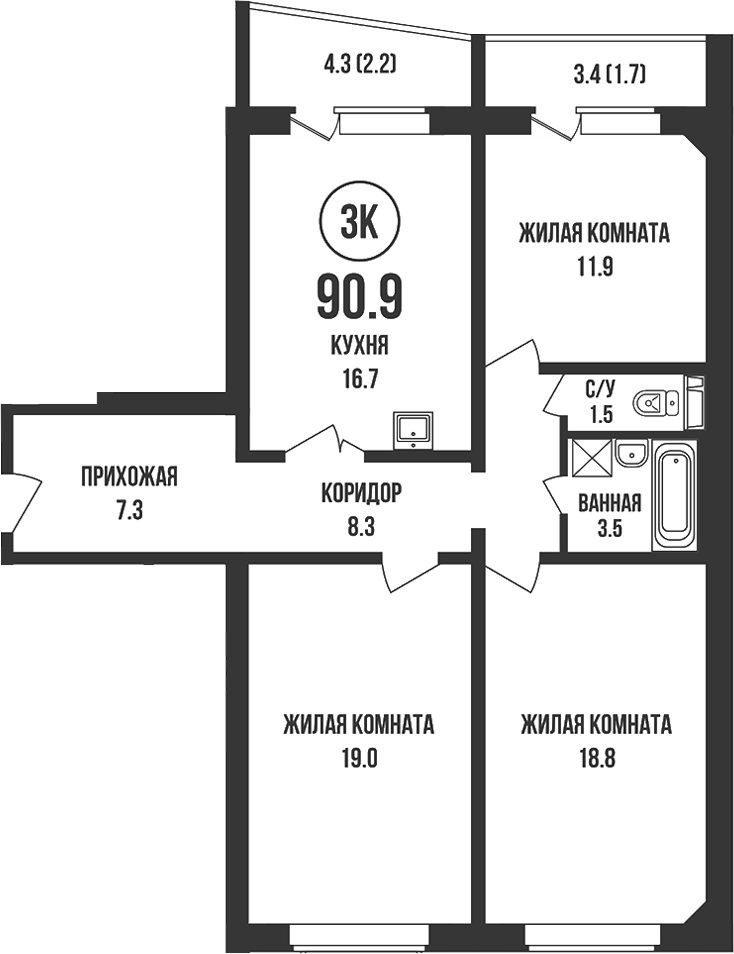 Планировка 3-к.кв 87.00 м² в ЖК «Династия»