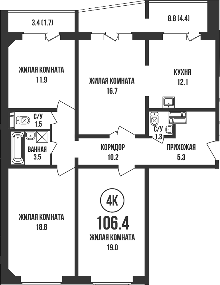 Планировка 4-к.кв 100.30 м² в ЖК «Династия»