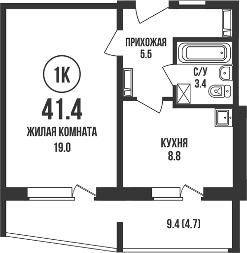 Планировка 1-к.кв 36.70 м² в ЖК «Династия»