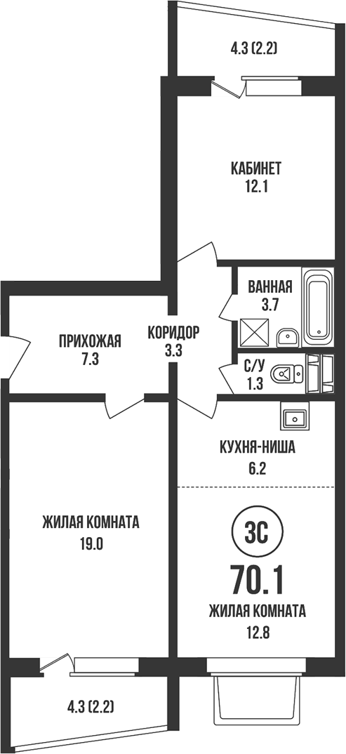 Планировка 3е-к.кв 65.70 м² в ЖК «Династия»