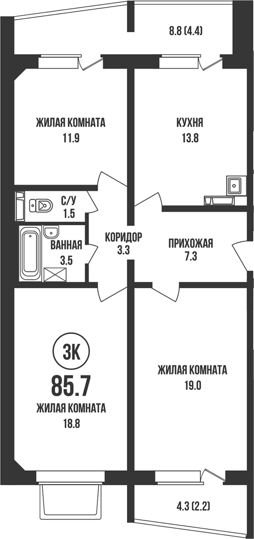 Планировка 3-к.кв 79.10 м² в ЖК «Династия»