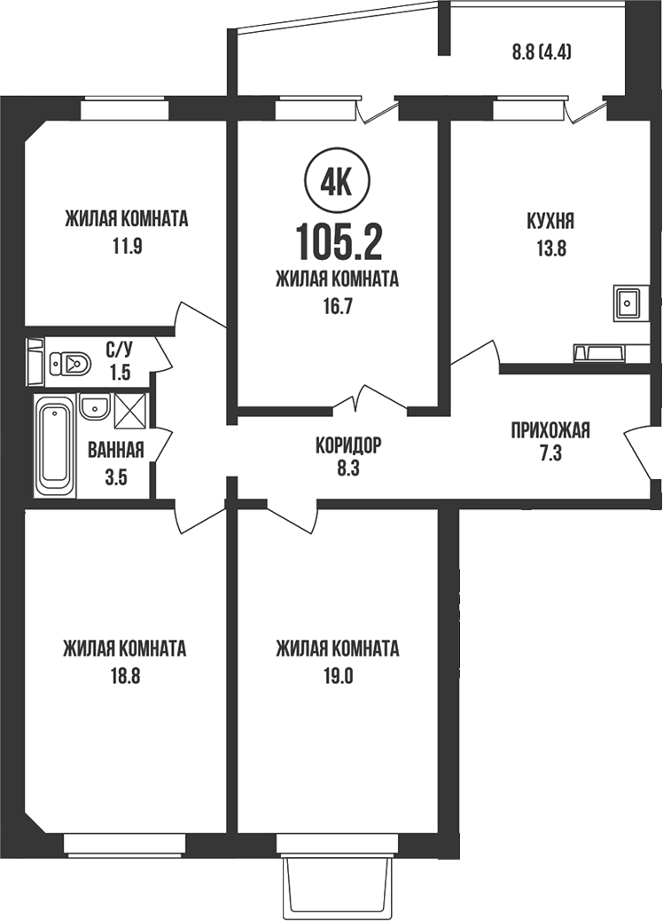 Планировка 4-к.кв 100.80 м² в ЖК «Династия»