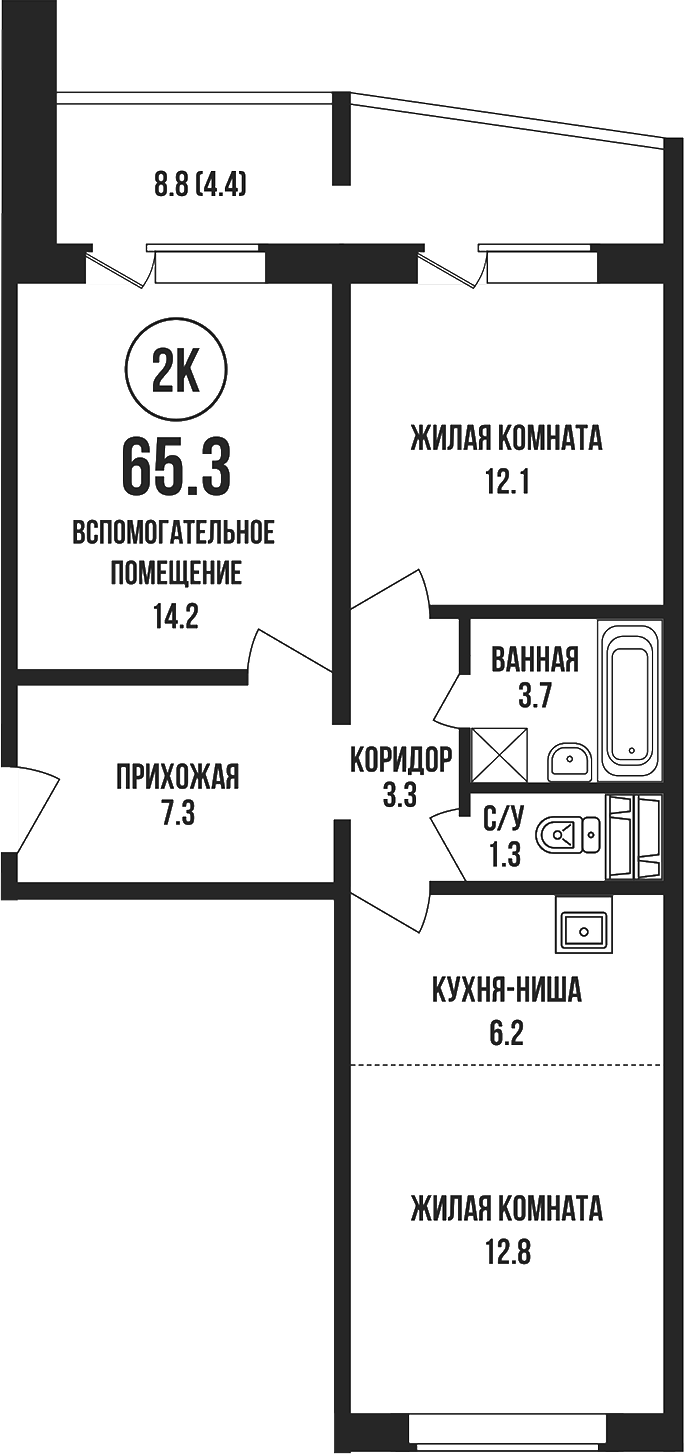 Планировка 2-к.кв 60.90 м² в ЖК «Династия»