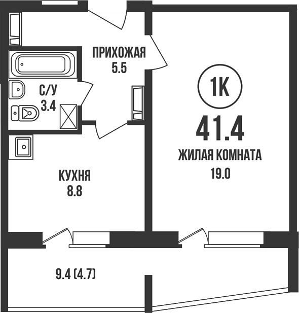 Планировка 1-к.кв 36.70 м² в ЖК «Династия»
