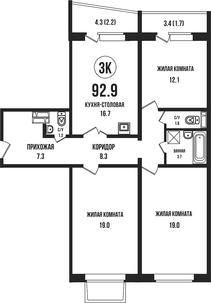 Планировка 3-к.кв 89.00 м² в ЖК «Династия»