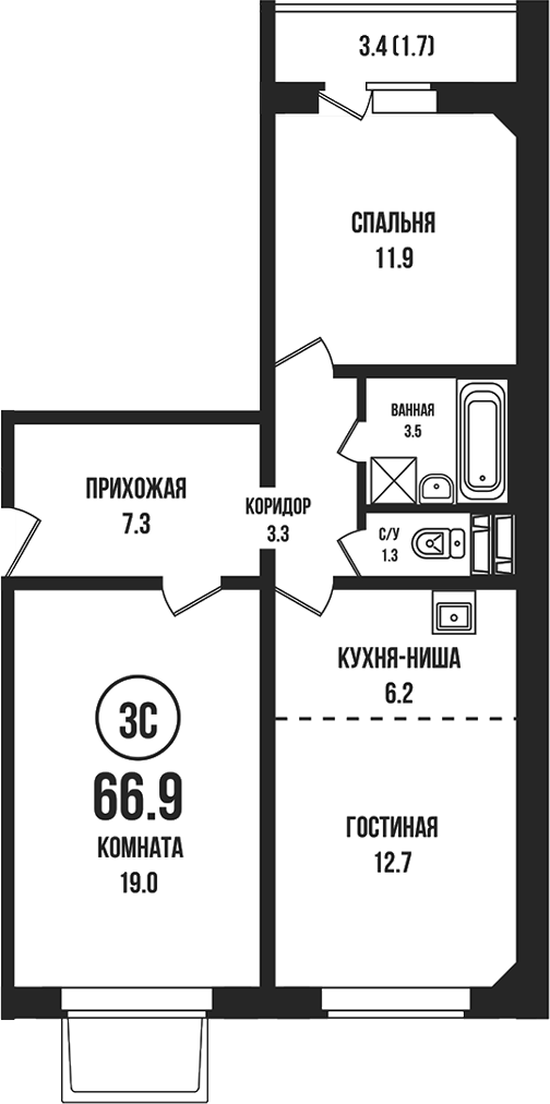 Планировка 3е-к.кв 65.20 м² в ЖК «Династия»